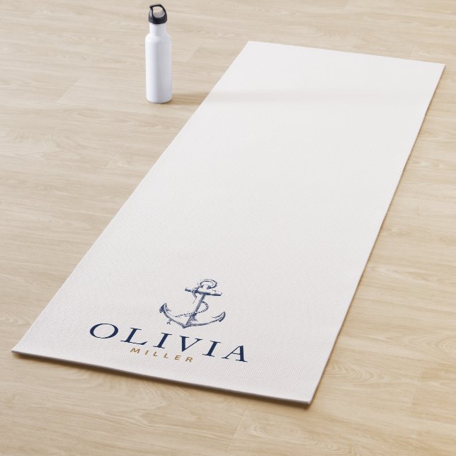 Nautical Navy Blue Sketch Anchor Monogram | Yoga Mat (In Situ)