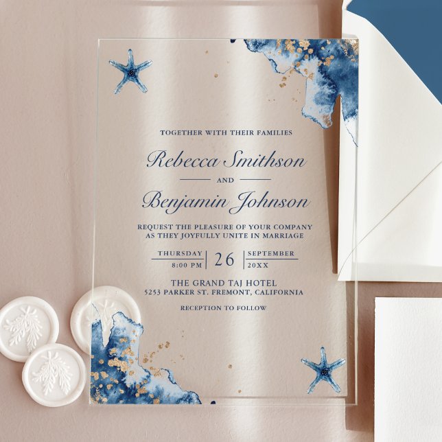 Nautical Navy Blue Starfish Wedding Acrylic Invitations (Creator Uploaded)