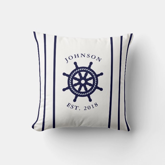 Nautical Navy Blue Steering Wheel Personalised Cushion (Front)