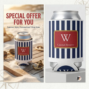 Nautical Navy Blue Stripe Custom Monogram Can Cooler