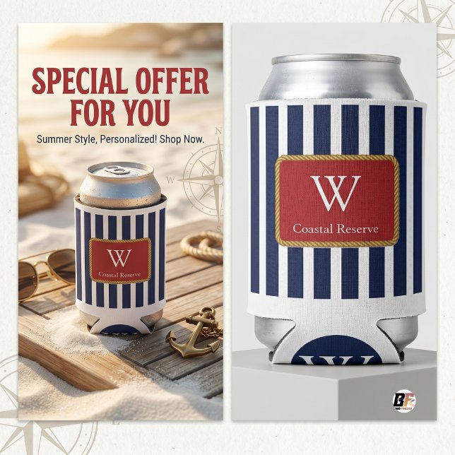 Nautical Navy Blue Stripe Custom Monogram Can Cooler (#BBQ)