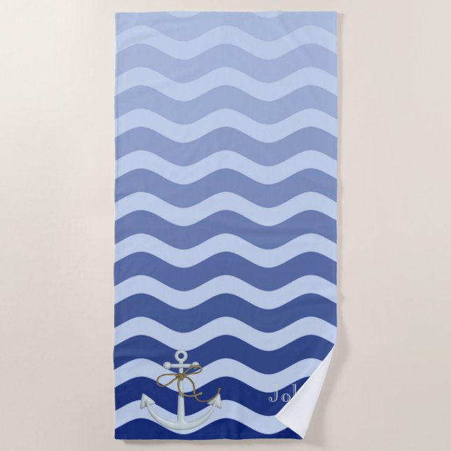 Nautical Navy Blue Stripe Waves Anchor Beach Towel (Front)