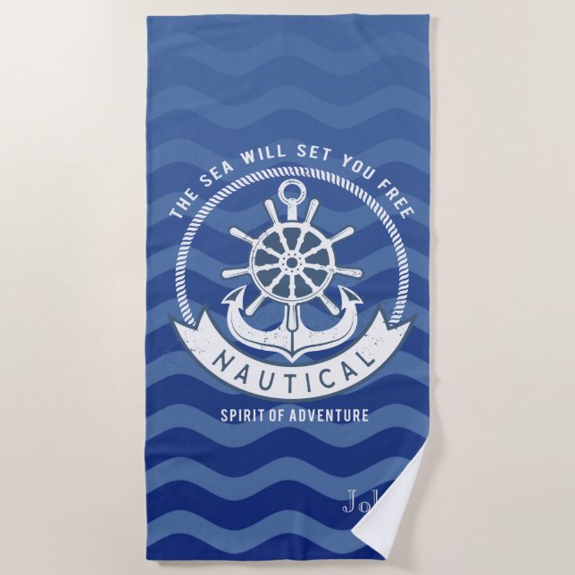 Nautical Navy Blue Stripe Waves Boat Wheel Beach Towel (Front)