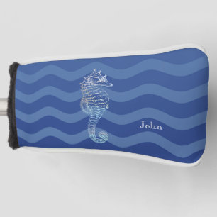 Nautical Navy Blue Stripe Waves Seahorse Golf Head Cover