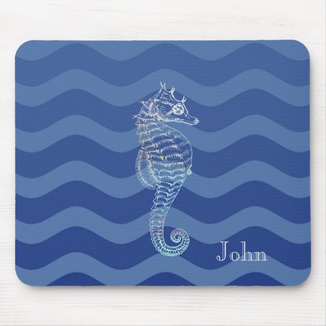 Nautical Navy Blue Stripe Waves Seahorse Mouse Mat (Front)