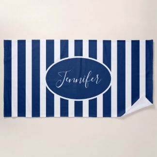 Nautical Navy Blue Striped Add Name Script Beach Towel