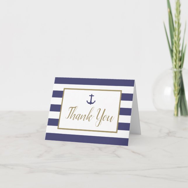 Nautical Navy Blue Stripes Anchor Gold Script Thank You Card (Front)