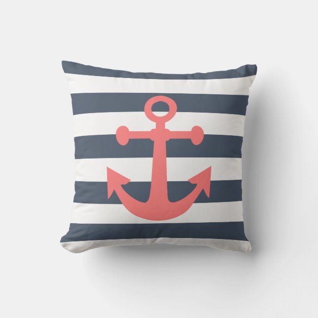 Nautical Navy Blue Stripes Coral Anchor Cushion (Front)
