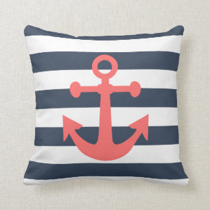 Nautical Navy Blue Stripes Coral Anchor Cushion
