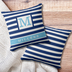 Nautical Navy Blue Stripes Family Name Monogram Cushion