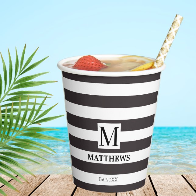 Nautical Navy Blue Stripes Family Name Monogram  Paper Cups (Creator Uploaded)