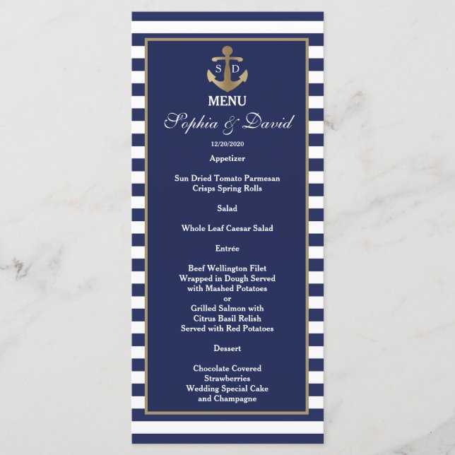 Nautical Navy Blue Stripes Gold Anchor Menu (Front)