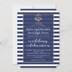 Nautical Navy Blue Stripes Gold Anchor Wedding Invitation