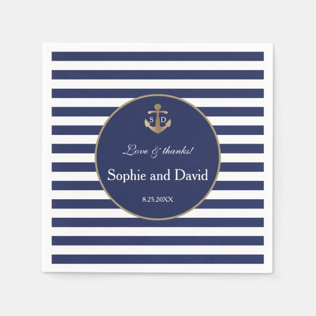 Nautical Navy Blue Stripes Gold Anchor Wedding Napkin (Front)