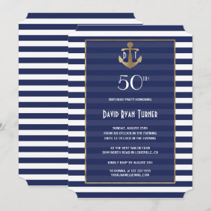 Nautical Navy Blue Stripes Gold Birthday Party Invitation