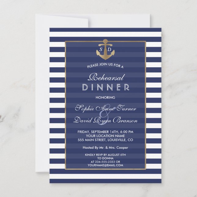 Nautical Navy Blue Stripes Gold REHEARSAL DINNER Invitation (Front)