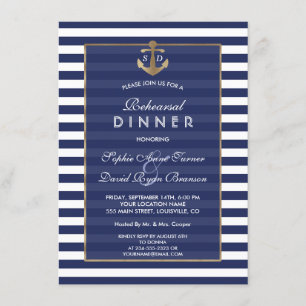 Nautical Navy Blue Stripes Gold REHEARSAL DINNER Invitation