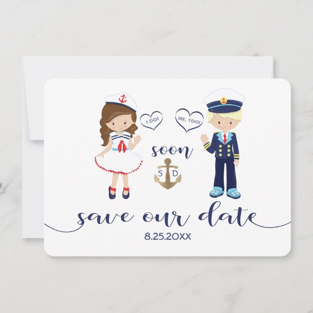 Nautical Navy Blue Stripes Gold Save the Date (Front)