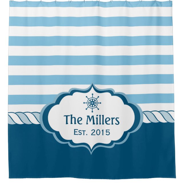 Nautical Navy Blue Stripes Helm Logo Personalised Shower Curtain (Front)