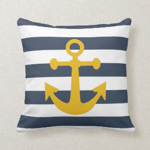 Nautical Navy Blue Stripes Mustard Yellow Anchor Cushion