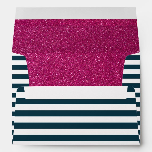 Nautical Navy Blue Stripes Pink Glitter Envelopes (Back (Bottom))