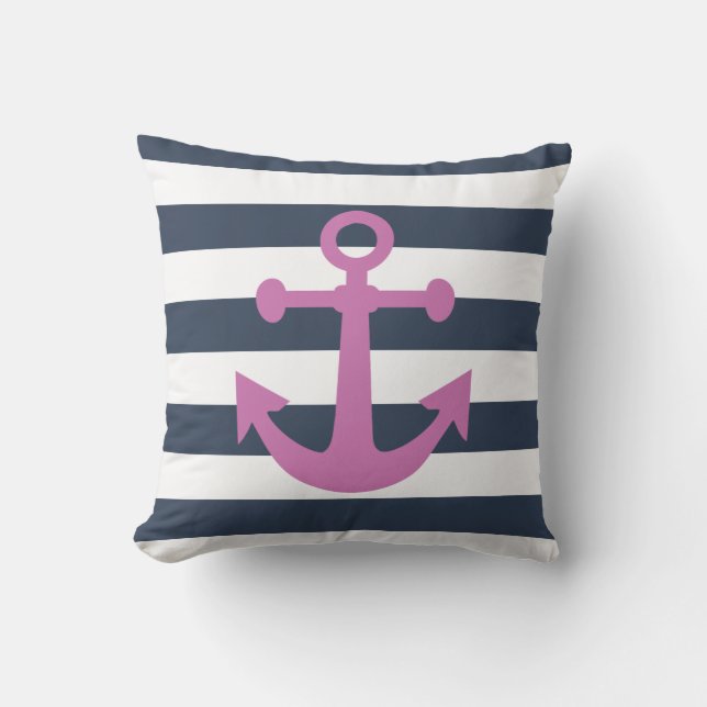 Nautical Navy Blue Stripes Purple Anchor Cushion (Front)