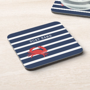 Nautical Navy Blue Stripes Red Crab Boat Name Coaster