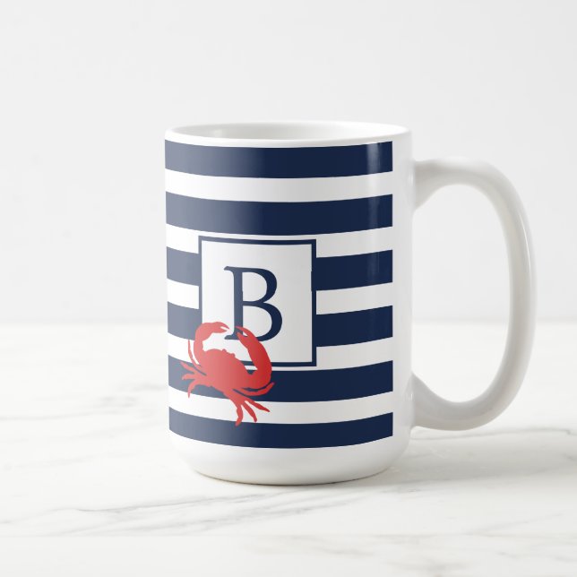 Nautical Navy Blue Stripes Red Crab Monogram Coffe Coffee Mug (Right)