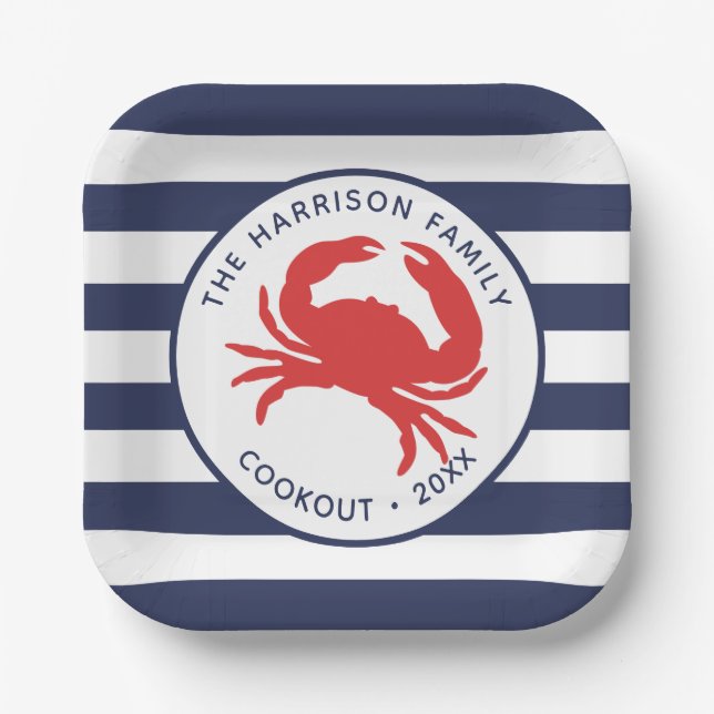 Nautical Navy Blue Stripes Red Crab Paper Plate (Front)
