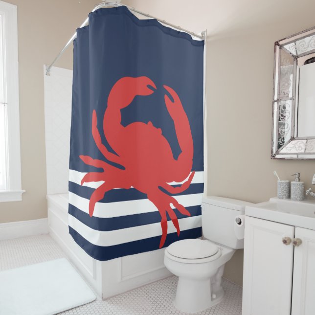Nautical Navy Blue Stripes Red Crab Shower Curtain (In Situ)