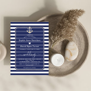 Nautical Navy Blue Stripes Silver Anchor Wedding  Invitation