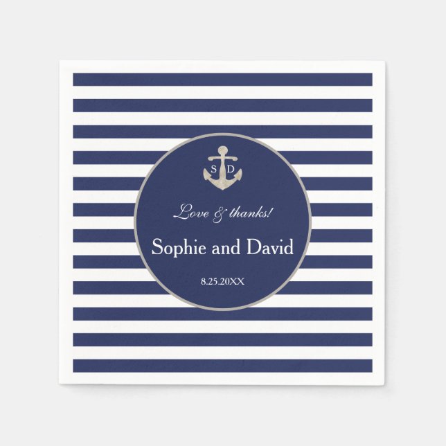 Nautical Navy Blue Stripes Silver Anchor Wedding Napkin (Front)