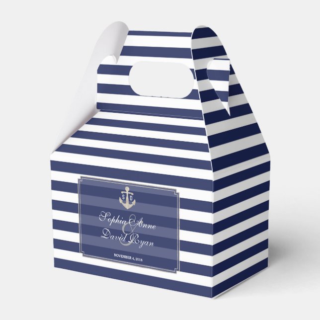 Nautical Navy Blue Stripes Silver Wedding Favour Box (Front Side)