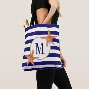 Nautical Navy Blue Stripes Starfish Monogram Beach Tote Bag