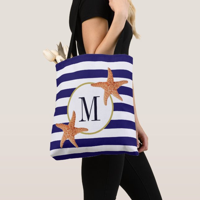 Nautical Navy Blue Stripes Starfish Monogram Beach Tote Bag (Close Up)