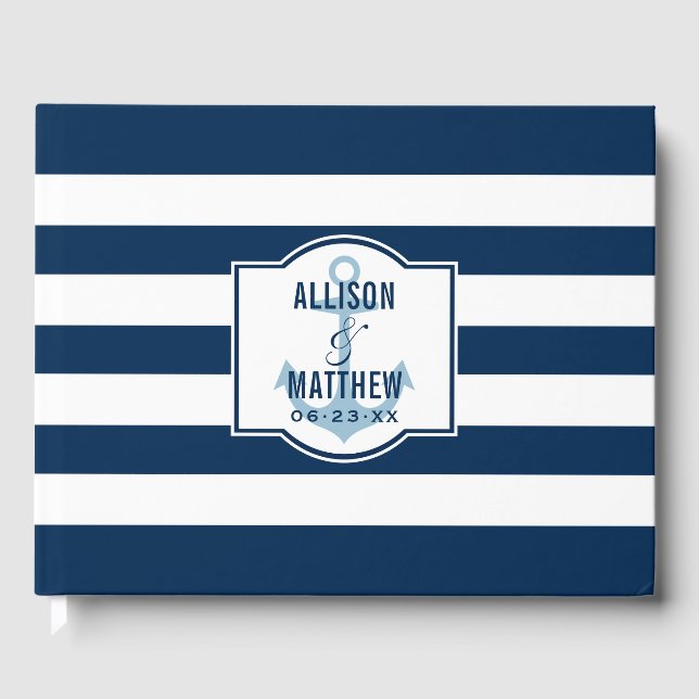 Nautical Navy Blue Stripes Wedding Monogram Guest Book (Front)