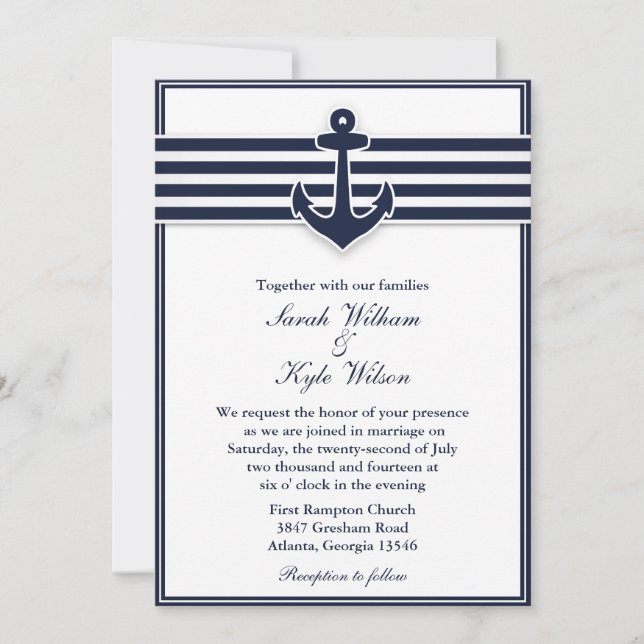 Nautical Navy Blue Swallows Wedding Invitation (Front)