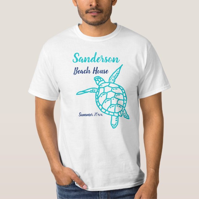 Nautical Navy Blue Teal Sea Turtle beach house T-S T-Shirt (Front)