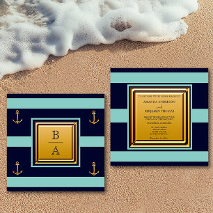 Nautical Navy Blue Teal Stripes Anchor Wedding Invitation