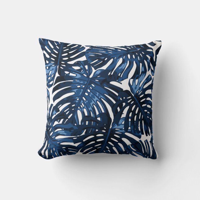 Nautical Navy Blue Tropical Jungle Leaves Cushion (Front)