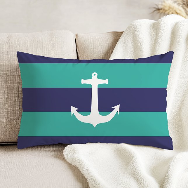 Nautical Navy Blue Turquoise Stripes White Anchor Decorative Cushion (Creator Uploaded)