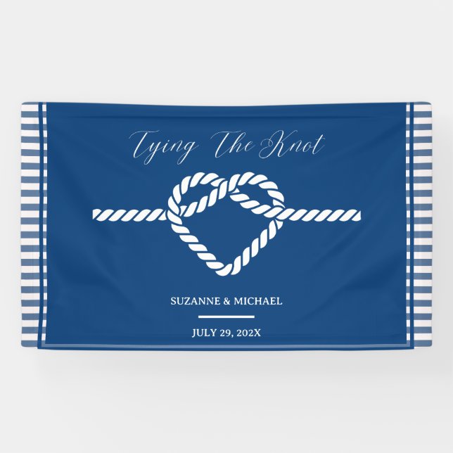 Nautical Navy Blue Tying Knot Stripes Wedding  Banner (Horizontal)