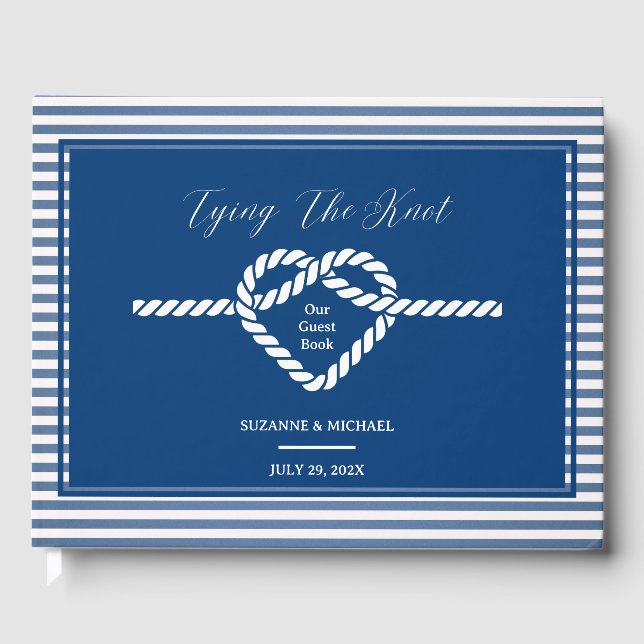 Nautical Navy Blue Tying Knot Stripes Wedding  Guest Book (Front)