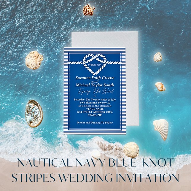 Nautical Navy Blue Tying Knot Stripes Wedding  Invitation (Creator Uploaded)