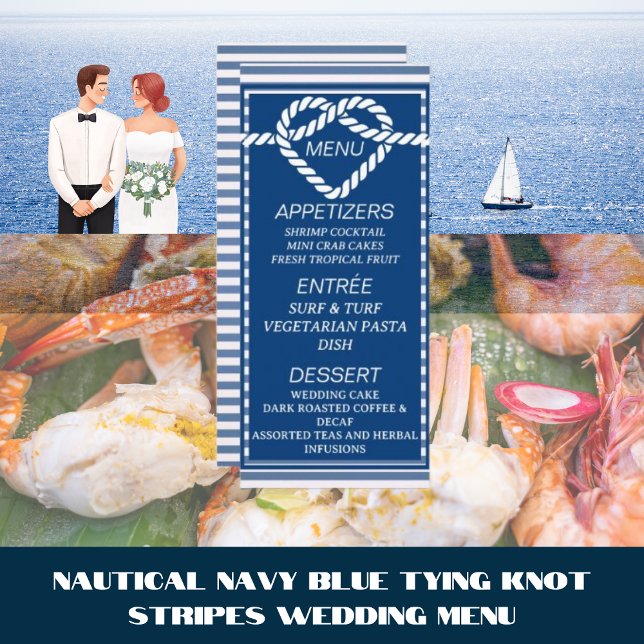 Nautical Navy Blue Tying Knot Stripes Wedding  Menu (Creator Uploaded)