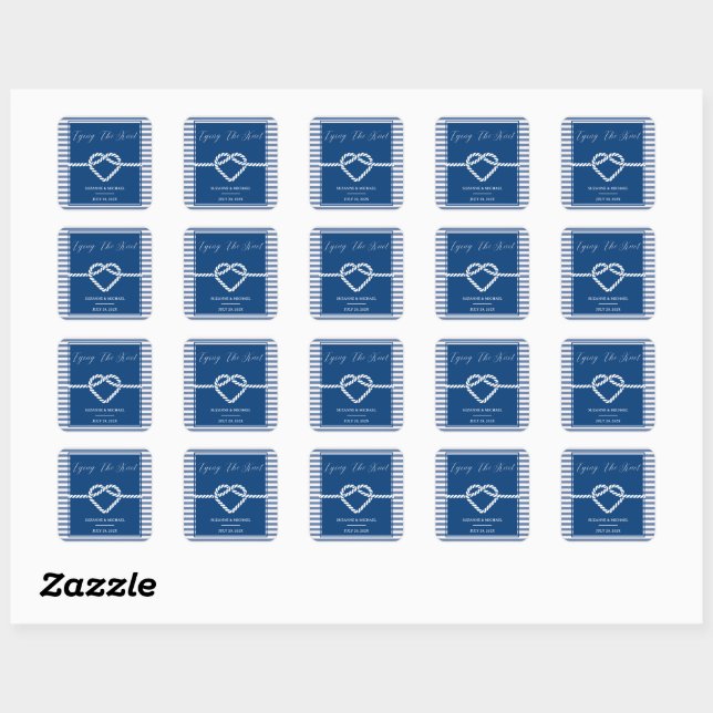 Nautical Navy Blue Tying Knot Stripes Wedding  Square Sticker (Sheet)