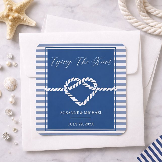 Nautical Navy Blue Tying Knot Stripes Wedding  Square Sticker (Creator Uploaded)