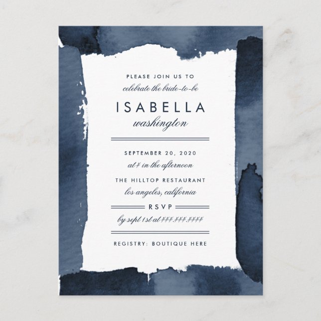Nautical Navy Blue Watercolor Bridal Shower Invitation Postcard (Front)