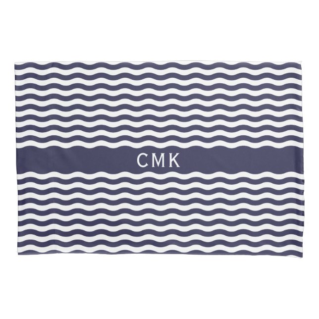 Nautical Navy Blue Waves Chic Beach House Monogram Pillowcase (Front)