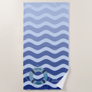 Nautical  Navy Blue Waves Stripe Beach Towel